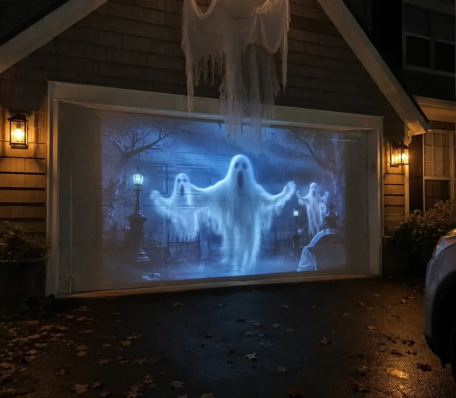 Fantasmas proyectados en una puerta de garaje, de noche
